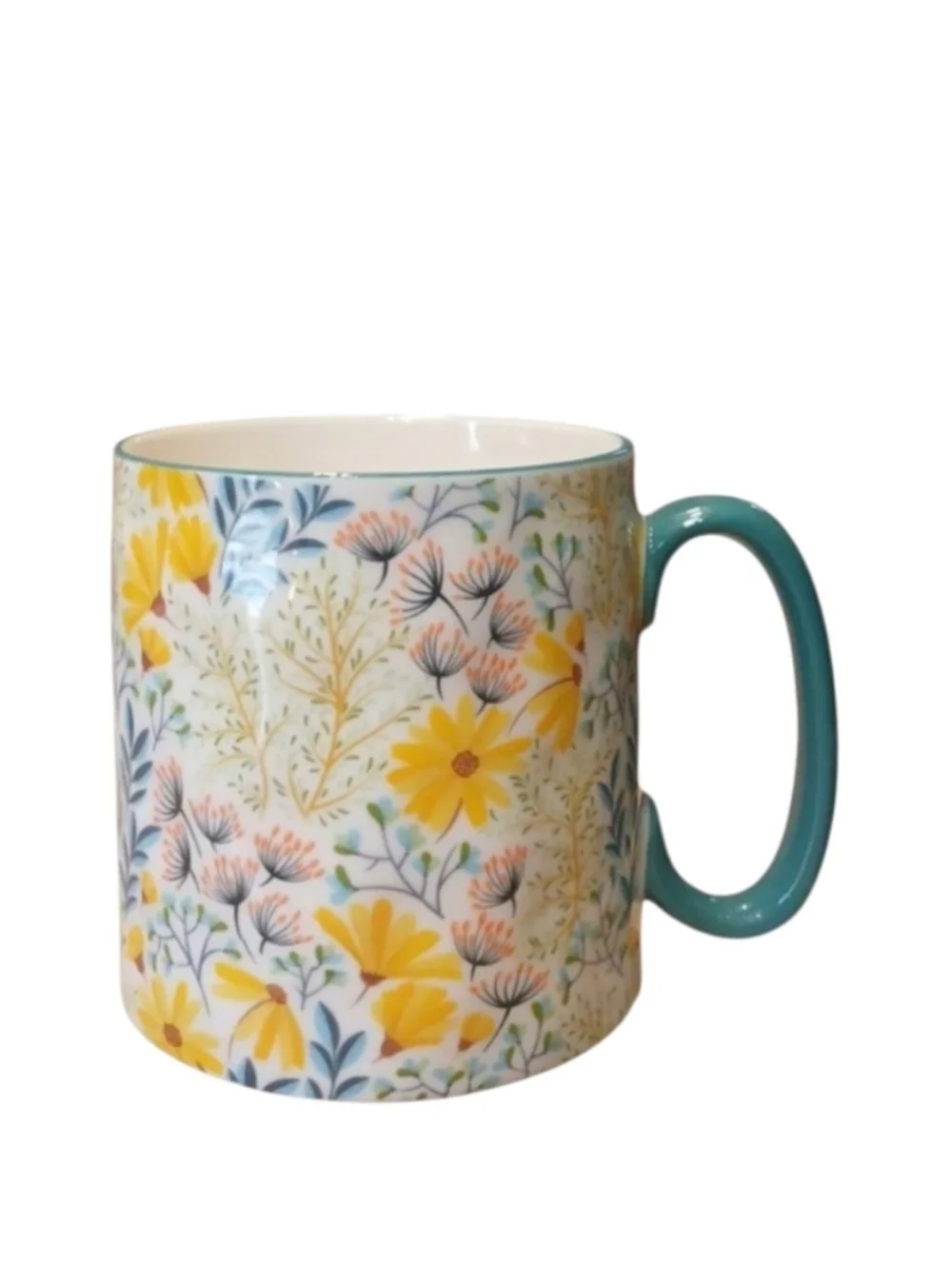 Floral Ceramic Coffee Mug with Teal Handle - Yellow Flower Pattern